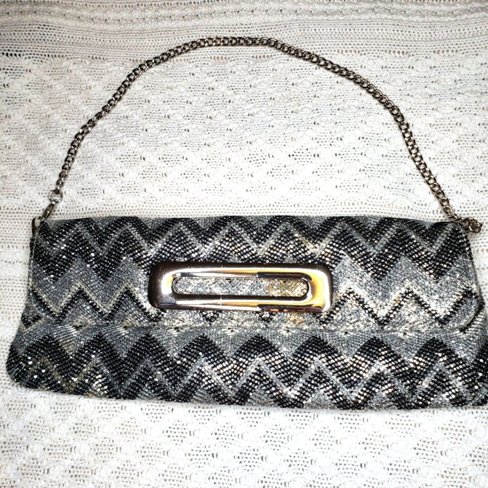 Aldo Metallic Silver Zig Zag Clutch Shoulder Bag Evening Bag